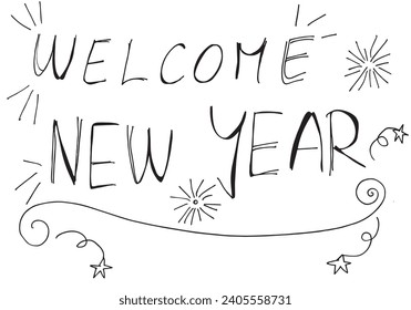 Outline illustration vector image of a New Year greeting card.
Hand drawn artwork of celebrating New years Eve.
Simple cute original logo.
Hand drawn vector illustration for posters