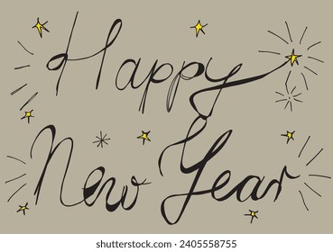 Outline illustration vector image of a New Year greeting card.
Hand drawn artwork of celebrating New years Eve.
Simple cute original logo.
Hand drawn vector illustration for posters