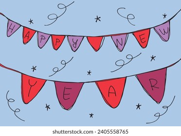 Umfassende Vektorgrafik einer Grußkarte für das neue Jahr.
Handgezeichnete Kunstwerke der Feier New Year Eve.
Einfaches, niedliches Originallogo.
Handgezeichnete Vektorgrafik für Poster
