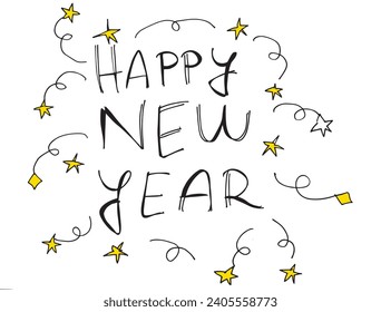 Outline illustration vector image of a New Year greeting card.
Hand drawn artwork of celebrating New years Eve.
Simple cute original logo.
Hand drawn vector illustration for posters