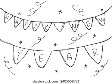 Outline illustration vector image of a New Year greeting card.
Hand drawn artwork of celebrating New years Eve.
Simple cute original logo.
Hand drawn vector illustration for posters