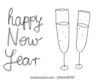 Outline illustration vector image of a New Year greeting card.
Hand drawn artwork of celebrating New years Eve.
Simple cute original logo.
Hand drawn vector illustration for posters