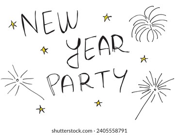 Outline illustration vector image of a New Year greeting card.
Hand drawn artwork of celebrating New years Eve.
Simple cute original logo.
Hand drawn vector illustration for posters