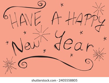 Outline illustration vector image of a New Year greeting card.
Hand drawn artwork of celebrating New years Eve.
Simple cute original logo.
Hand drawn vector illustration for posters