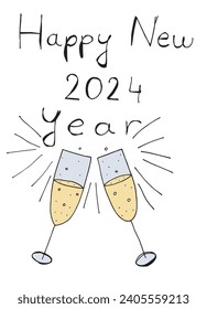 Outline illustration vector image of a New Year greeting card.
Hand drawn artwork of celebrating New years Eve.
Simple cute original logo.
Hand drawn vector illustration for posters