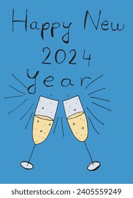 Outline illustration vector image of a New Year greeting card.
Hand drawn artwork of celebrating New years Eve.
Simple cute original logo.
Hand drawn vector illustration for posters