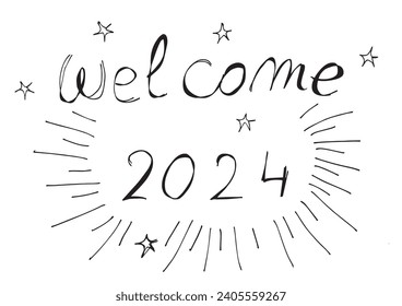 Outline illustration vector image of a New Year greeting card.
Hand drawn artwork of celebrating New years Eve.
Simple cute original logo.
Hand drawn vector illustration for posters