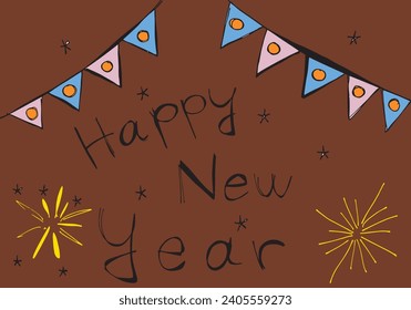 Outline illustration vector image of a New Year greeting card.
Hand drawn artwork of celebrating New years Eve.
Simple cute original logo.
Hand drawn vector illustration for posters