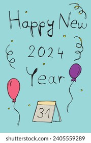Outline illustration vector image of a New Year greeting card.
Hand drawn artwork of celebrating New years Eve.
Simple cute original logo.
Hand drawn vector illustration for posters
