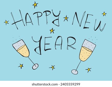 Outline illustration vector image of a New Year greeting card.
Hand drawn artwork of celebrating New years Eve.
Simple cute original logo.
Hand drawn vector illustration for posters