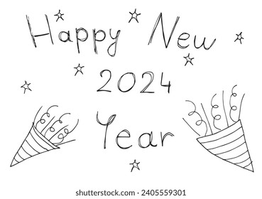 Outline illustration vector image of a New Year greeting card.
Hand drawn artwork of celebrating New years Eve.
Simple cute original logo.
Hand drawn vector illustration for posters
