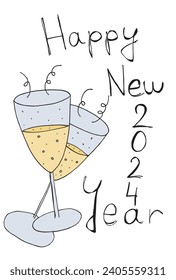 Outline illustration vector image of a New Year greeting card.
Hand drawn artwork of celebrating New years Eve.
Simple cute original logo.
Hand drawn vector illustration for posters