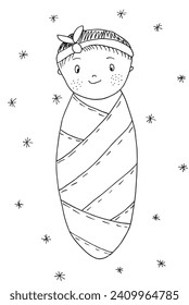 Outline illustration vector image of a new born baby.
Hand drawn artwork of a little baby.
Simple cute original logo.
Hand drawn vector illustration for posters