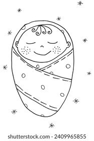 Umfassende Vektorgrafik eines Neugeborenen.
Handgezeichnete Kunstwerke eines kleinen Babys.
Einfaches, niedliches Originallogo.
Handgezeichnete Vektorgrafik für Poster