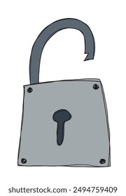 Umriss Illustration Vektorgrafik Bild eines Vorhängeschlosses.
Handgezeichnetes Kunstwerk eines Vorhängeschlosses.
Einfaches, niedliches Original-Logo.
Handgezeichnete Vektorillustration für Poster.