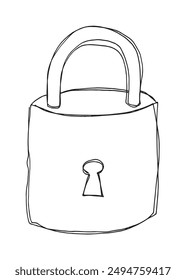 Ilustración de contorno Imagen de Vector de un candado.
Dibujo a mano de un candado.
Simple lindo logotipo original.
Ilustración vectorial dibujada a mano para carteles.