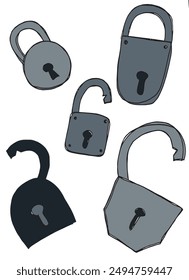 Outline illustration vector image of a padlock.
Hand drawn artwork of a padlock.
Simple cute original logo.
Hand drawn vector illustration for posters.