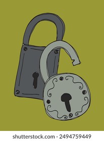Outline illustration vector image of a padlock.
Hand drawn artwork of a padlock.
Simple cute original logo.
Hand drawn vector illustration for posters.