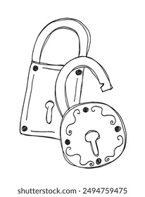 Umriss Illustration Vektorgrafik Bild eines Vorhängeschlosses.
Handgezeichnetes Kunstwerk eines Vorhängeschlosses.
Einfaches, niedliches Original-Logo.
Handgezeichnete Vektorillustration für Poster.