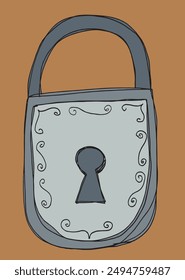 Umriss Illustration Vektorgrafik Bild eines Vorhängeschlosses.
Handgezeichnetes Kunstwerk eines Vorhängeschlosses.
Einfaches, niedliches Original-Logo.
Handgezeichnete Vektorillustration für Poster.