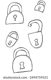 Outline illustration vector image of a padlock.
Hand drawn artwork of a padlock.
Simple cute original logo.
Hand drawn vector illustration for posters.