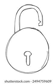 Umriss Illustration Vektorgrafik Bild eines Vorhängeschlosses.
Handgezeichnetes Kunstwerk eines Vorhängeschlosses.
Einfaches, niedliches Original-Logo.
Handgezeichnete Vektorillustration für Poster.