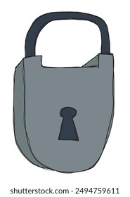 Umriss Illustration Vektorgrafik Bild eines Vorhängeschlosses.
Handgezeichnetes Kunstwerk eines Vorhängeschlosses.
Einfaches, niedliches Original-Logo.
Handgezeichnete Vektorillustration für Poster.