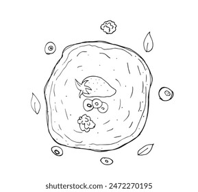Umriss Illustration Vektorgrafik Bild eines Pfannkuchens.
Handgezeichnetes Kunstwerk eines Pfannkuchens.
Einfaches, niedliches Original-Logo.
Handgezeichnete Vektorillustration für Poster.