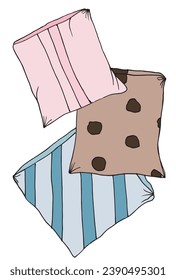 Ilustración de esquema de imagen vectorial de una almohada.
Obra de arte a mano de una almohada para dormir y sueños de buenas noches. 
Simple y lindo logo original.
Ilustración vectorial dibujada a mano para afiches, tarjetas, camisetas.