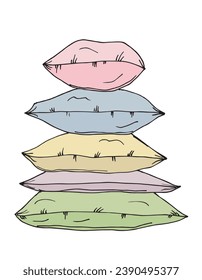 Outline illustration vector image of a pillows.
Hand drawn artwork of a pillow for sleep and good night dreams. 
Simple cute original logo.
Hand drawn vector illustration for posters, cards, t-shirts.