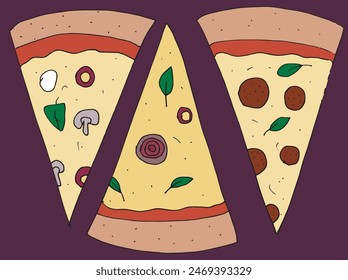 Outline illustration vector image of a  pizza.
Hand drawn artwork of a pizza slices.
Simple cute original logo.
Hand drawn vector illustration for posters.