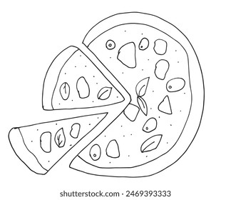 Outline illustration vector image of a  pizza.
Hand drawn artwork of a pizza slices.
Simple cute original logo.
Hand drawn vector illustration for posters.