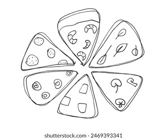 Outline illustration vector image of a  pizza.
Hand drawn artwork of a pizza slices.
Simple cute original logo.
Hand drawn vector illustration for posters.