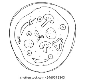 Outline illustration vector image of a  pizza.
Hand drawn artwork of a pizza slices.
Simple cute original logo.
Hand drawn vector illustration for posters.