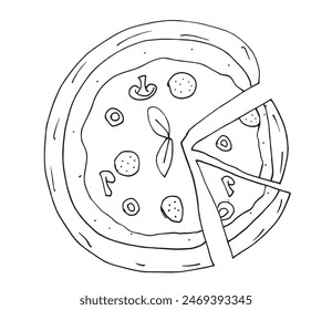 Outline illustration vector image of a  pizza.
Hand drawn artwork of a pizza slices.
Simple cute original logo.
Hand drawn vector illustration for posters.