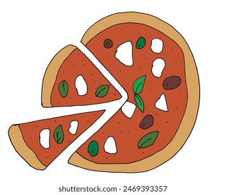 Outline illustration vector image of a  pizza.
Hand drawn artwork of a pizza slices.
Simple cute original logo.
Hand drawn vector illustration for posters.