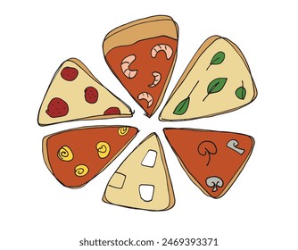 Esquema ilustración Imagen de Vector de una pizza.
Dibujo a mano de una pizza en rodajas.
Simple lindo logotipo original.
Ilustración vectorial dibujada a mano para carteles.