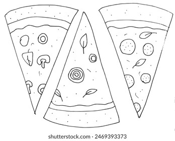 Outline illustration vector image of a  pizza.
Hand drawn artwork of a pizza slices.
Simple cute original logo.
Hand drawn vector illustration for posters.