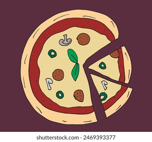 Outline illustration vector image of a  pizza.
Hand drawn artwork of a pizza slices.
Simple cute original logo.
Hand drawn vector illustration for posters.