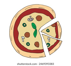 Outline illustration vector image of a  pizza.
Hand drawn artwork of a pizza slices.
Simple cute original logo.
Hand drawn vector illustration for posters.