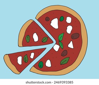 Outline illustration vector image of a  pizza.
Hand drawn artwork of a pizza slices.
Simple cute original logo.
Hand drawn vector illustration for posters.