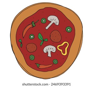 Outline illustration vector image of a  pizza.
Hand drawn artwork of a pizza slices.
Simple cute original logo.
Hand drawn vector illustration for posters.