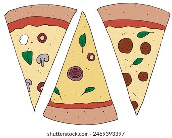 Outline illustration vector image of a  pizza.
Hand drawn artwork of a pizza slices.
Simple cute original logo.
Hand drawn vector illustration for posters.