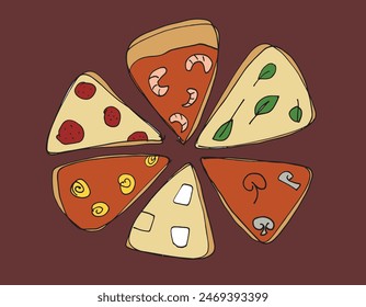 Outline illustration vector image of a  pizza.
Hand drawn artwork of a pizza slices.
Simple cute original logo.
Hand drawn vector illustration for posters.