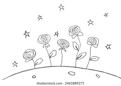 Ilustración de contorno Imagen de Vector de una flor de rosa.
Obra de arte dibujada a mano de una hermosa planta de rosas.
Simple lindo logotipo original.
Ilustración vectorial dibujada a mano para carteles.