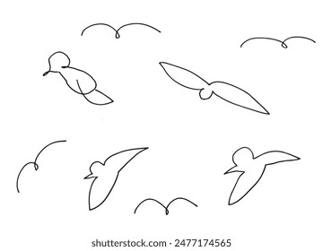 Outline illustration vector image of a seagull.
Hand drawn artwork of a seagull.
Simple cute original logo.
Hand drawn vector illustration for posters.