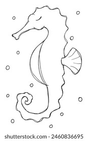 Outline illustration vector image of a seahorse.
Hand drawn artwork of a seahorse.
Simple cute original logo.
Hand drawn vector illustration for posters.