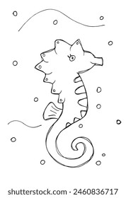 Outline illustration vector image of a seahorse.
Hand drawn artwork of a seahorse.
Simple cute original logo.
Hand drawn vector illustration for posters.