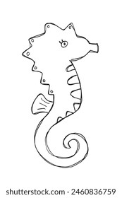 Outline illustration vector image of a seahorse.
Hand drawn artwork of a seahorse.
Simple cute original logo.
Hand drawn vector illustration for posters.