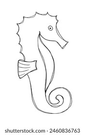 Outline illustration vector image of a seahorse.
Hand drawn artwork of a seahorse.
Simple cute original logo.
Hand drawn vector illustration for posters.